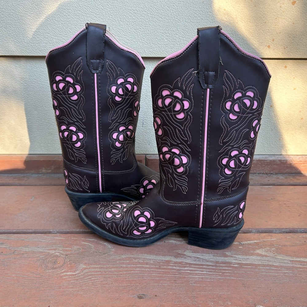 Old West Kids Western Cowboy Boots Brown Pink Rodeo Cut Out Flowers Size 2.5 - Picture 5 of 9